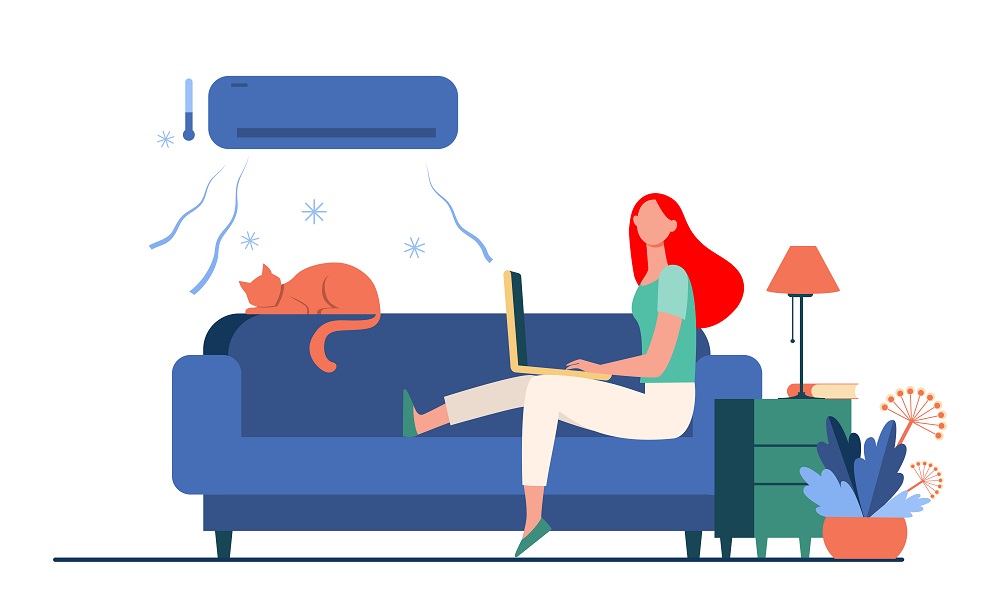 Woman sitting on sofa with cat and laptop under air conditioner